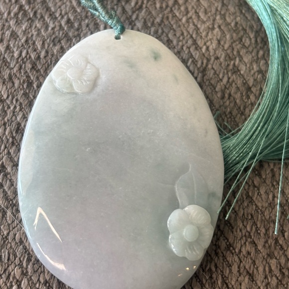 Carved Jade Pendant with Koi Fish and Lotus Design - Picture 2 of 7